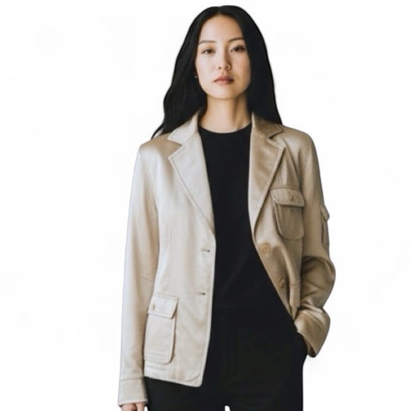 ESTHER CHEN Tan Two Button Satiny Acetate/Rayon Jacket Women’s Size 6 - Picture 2 of 11